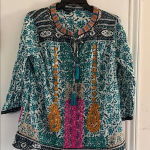 John Mark Boho Embroidered Teal Floral Tunic Top with Tassel Tie -
